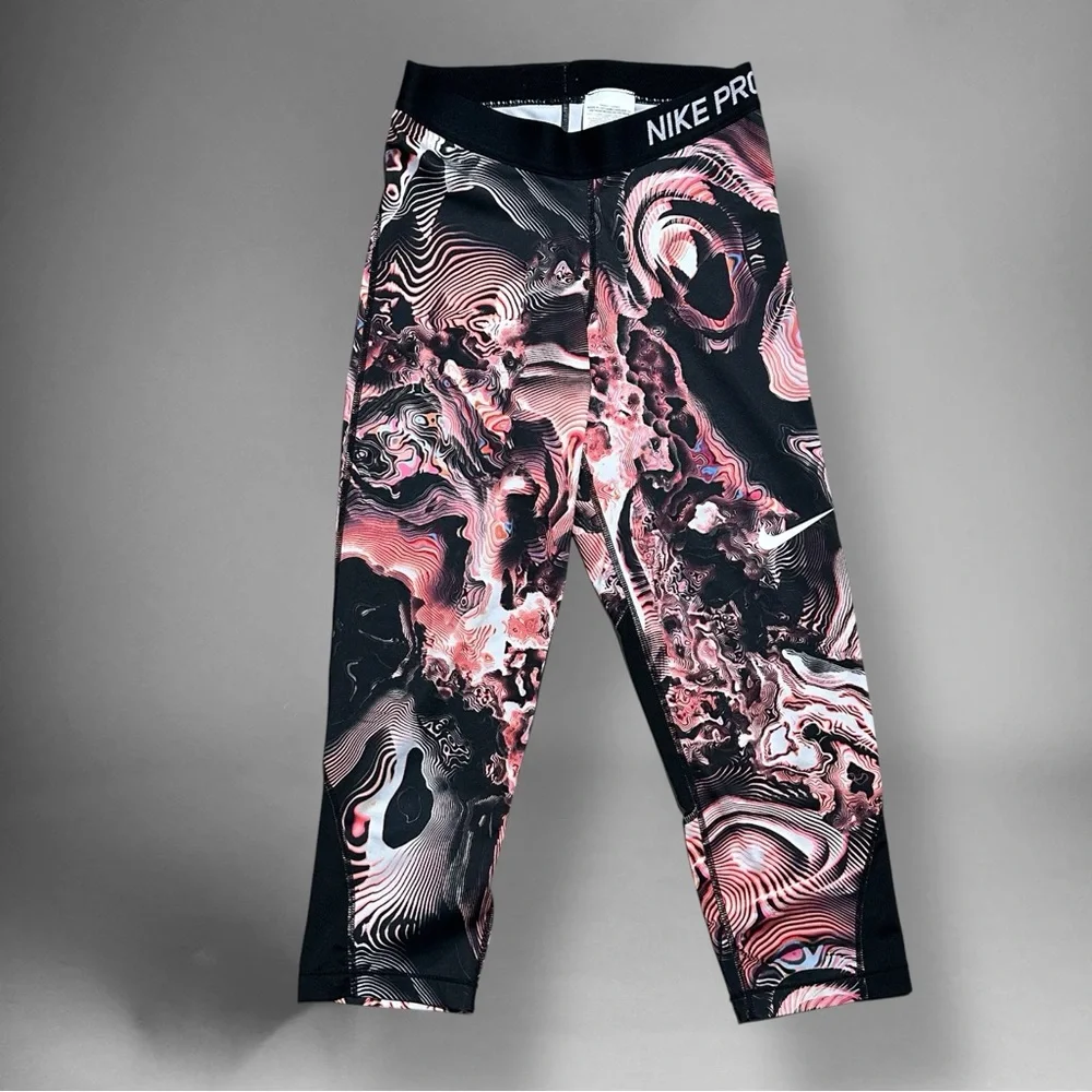 Nike Pro Capri Leggings Small Pink Black Swirl Pattern - Picture 3 of 7
